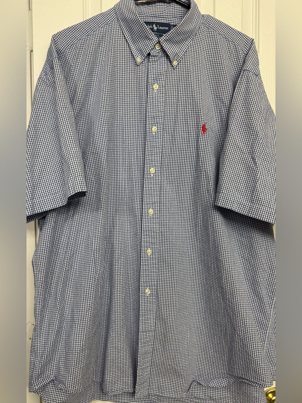 Ralph Lauren Blue and White Gingham Short-Sleeve Button-Down Shirt with Red Pony